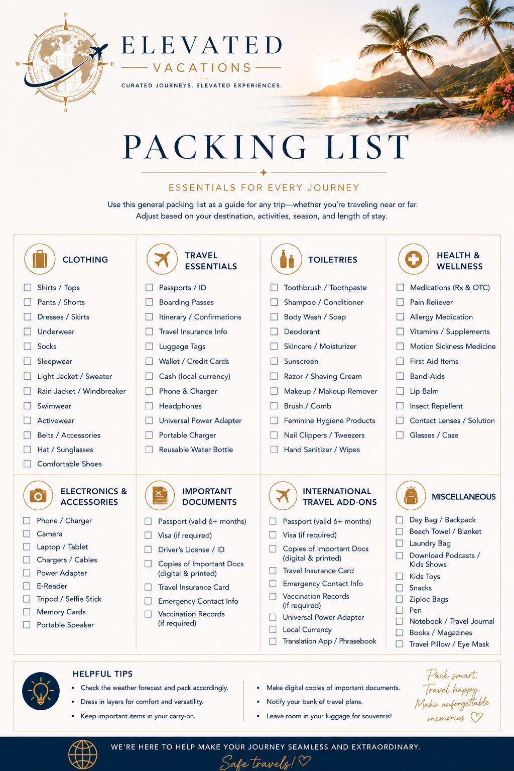 Elevated Vacations packing list preview
